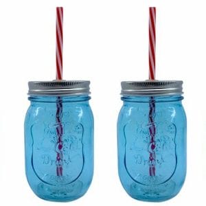 Juego 12 Vasos Mason Jar Azul Claro Con Tapa Y Popote 470 Ml Mayoreo Grabado