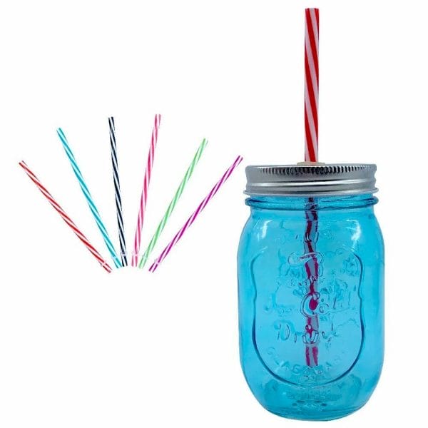 Juego de Vasos Mason Jar Azul Claro Con Tapa Y Popote 470 Ml
