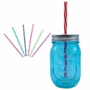 Vaso Mason Jar Azul Claro Con Tapa Y Popote 470 Ml - Pack 48 Vasos